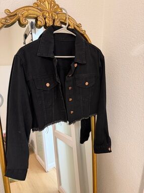 Cropped Black Denim Jacket with Copper Buttons
